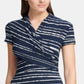 Blusa feminina DKNY com listras frontais franzidas e manga curta, gola redonda, azul, tamanho médio