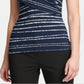 Blusa feminina DKNY com listras frontais franzidas e manga curta, gola redonda, azul, tamanho médio
