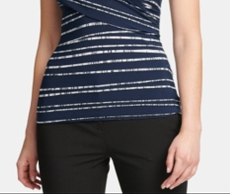 Blusa feminina DKNY com listras frontais franzidas e manga curta, gola redonda, azul, tamanho médio