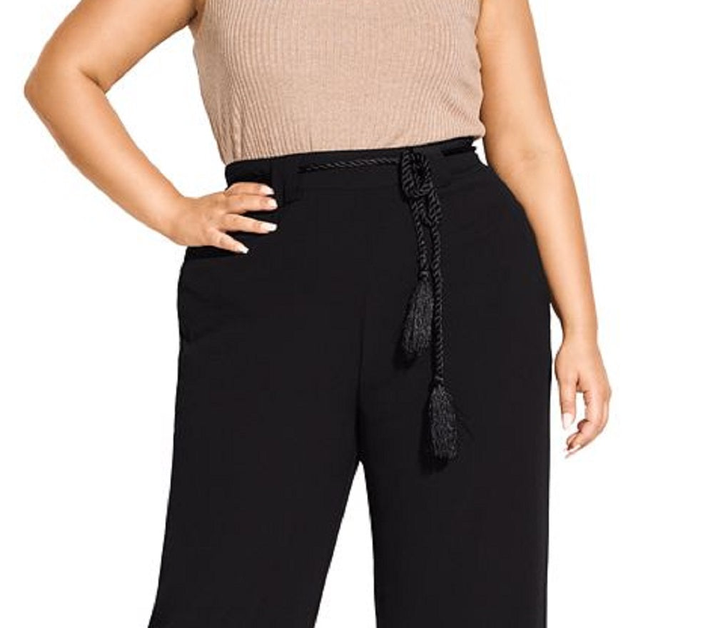 Calça palazzo feminina moderna com cinto City Chic, preta, tamanho 18W