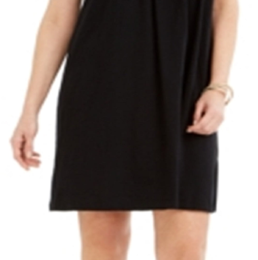 Vestido tubinho acima do joelho com estampa de blocos de cores femininos, manga longa, gola redonda, tamanho grande, preto, estilo &amp; co