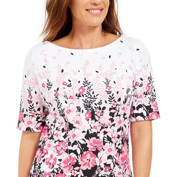 Karen Scott Blusa feminina com estampa floral e decote canoa, preta, tamanho pequeno