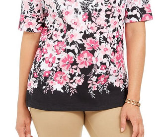 Karen Scott Blusa feminina com estampa floral e decote canoa, preta, tamanho pequeno