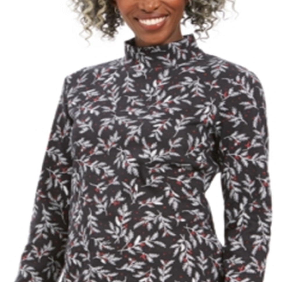 Karen Scott Blusa Feminina Estampada Wheat Fields Gola Mock Preta Tamanho Pequeno Médio