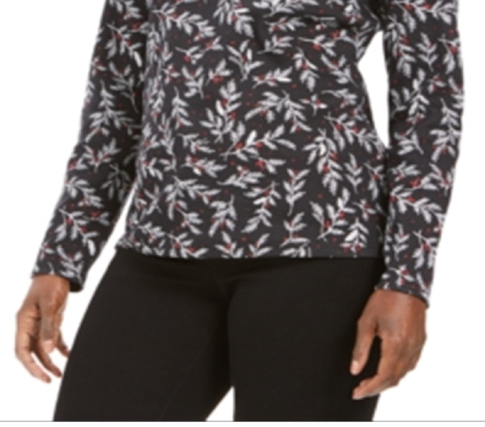 Karen Scott Blusa Feminina Estampada Wheat Fields Gola Mock Preta Tamanho Pequeno Médio