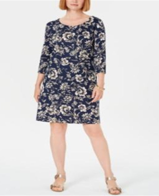 Vestido feminino Karen Scott Sport estampado com manga 3/4, azul, tamanho pequeno