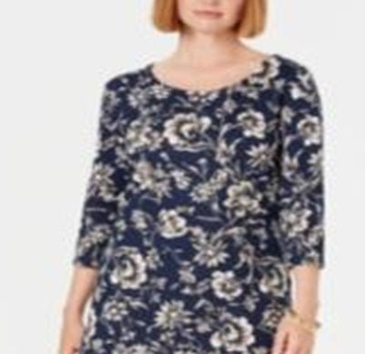 Vestido feminino Karen Scott Sport estampado com manga 3/4, azul, tamanho pequeno