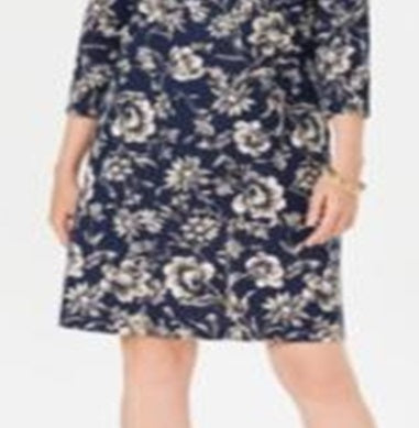 Vestido feminino Karen Scott Sport estampado com manga 3/4, azul, tamanho pequeno