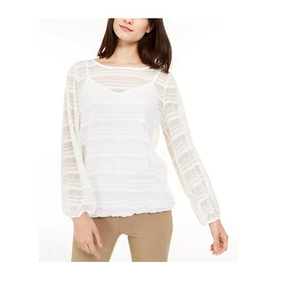 Blusa feminina Alfani Petite Sheer-Stripe com manga balão, branca, tamanho Petite S