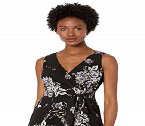 Vestido de festa feminino Ralph Lauren, sem mangas, floral, decote em V, midi, preto, tamanho 14, pequeno