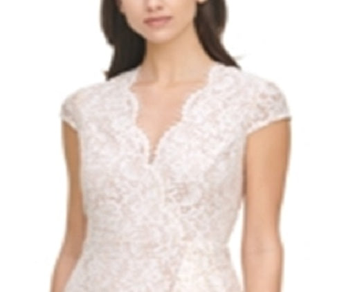 Bodycon de renda feminino Vince Camuto com mangas curtas e decote em V recortado, branco, tamanho 6