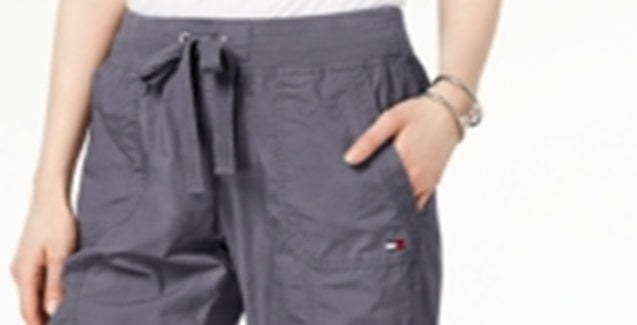 Bermuda cargo feminina Tommy Hilfiger, casual, enrolada, conversível, cinza, tamanho médio
