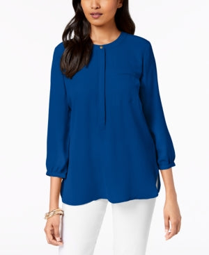 Blusa feminina plissada pequena JM Collection, azul, tamanho pequeno pequeno