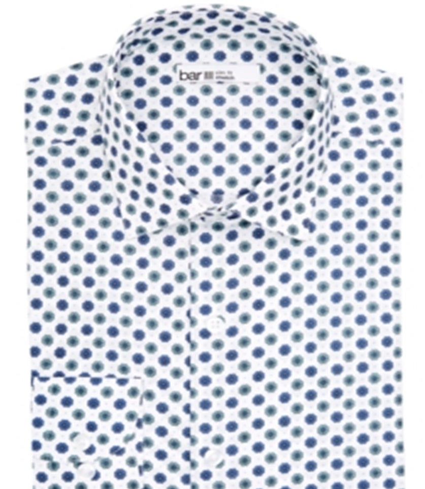 Camisa social masculina Bar III com estampa de bolinhas e gola slim fit, branca, tamanho L-16,5x34-35