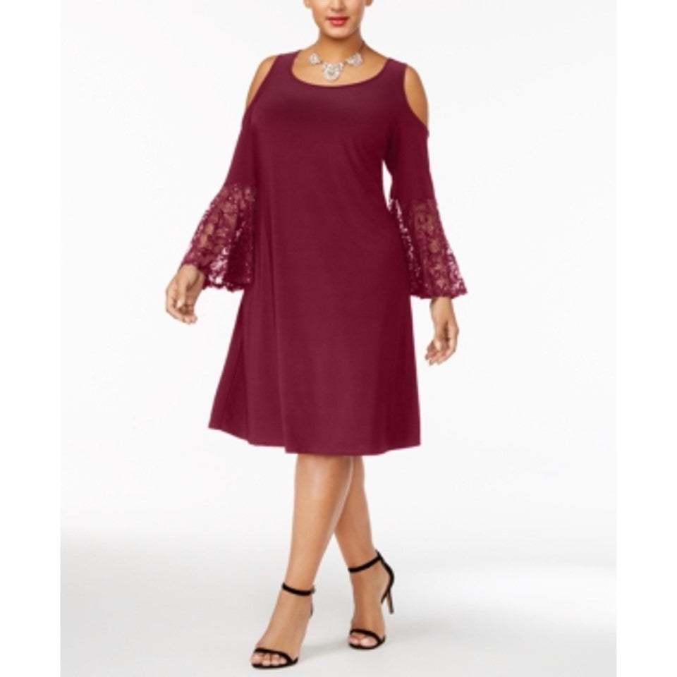 Vestido feminino de renda com ombro de fora e manga sino, decote redondo e comprimento até o joelho, tamanho vinho 18W R&amp;M Richards