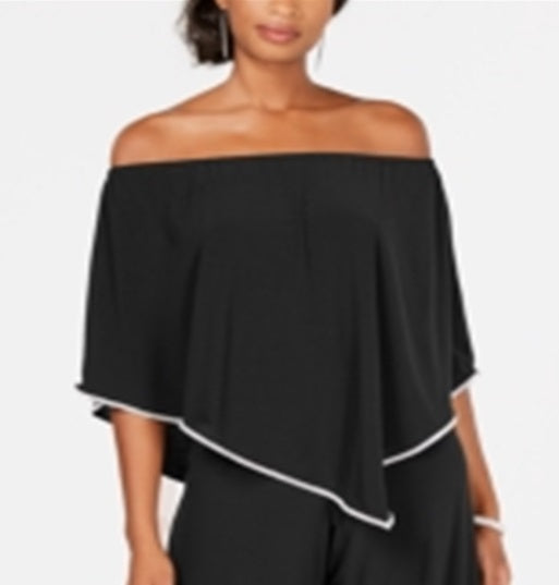 Macacão feminino MSK com ombros de fora e acabamento em strass, preto, tamanho médio