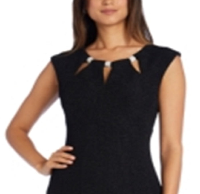 Vestido formal longo sereia com decote em V e zíper com glitter e manga curta R&amp;M Richards feminino, tamanho 16, preto