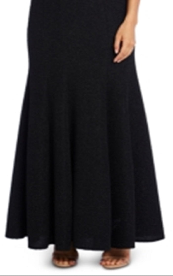 Vestido formal longo sereia com decote em V e zíper com glitter e manga curta R&amp;M Richards feminino, tamanho 16, preto