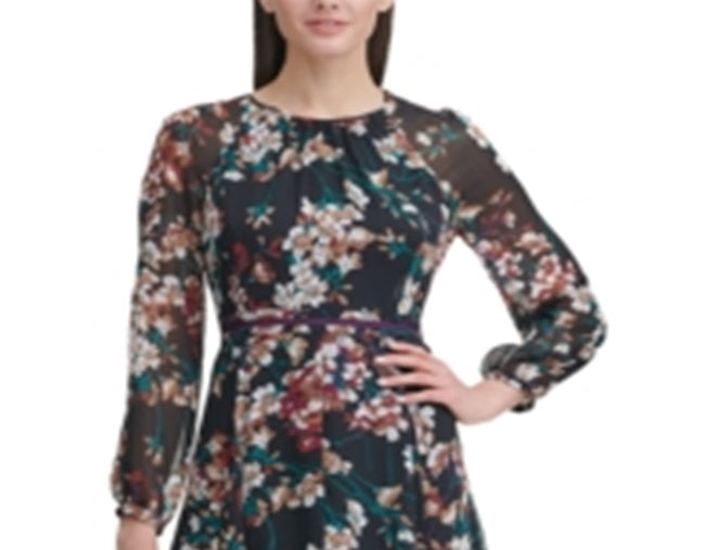 Vestido tubinho midi com decote em joia e manga comprida floral Tommy Hilfiger feminino, preto, tamanho 12