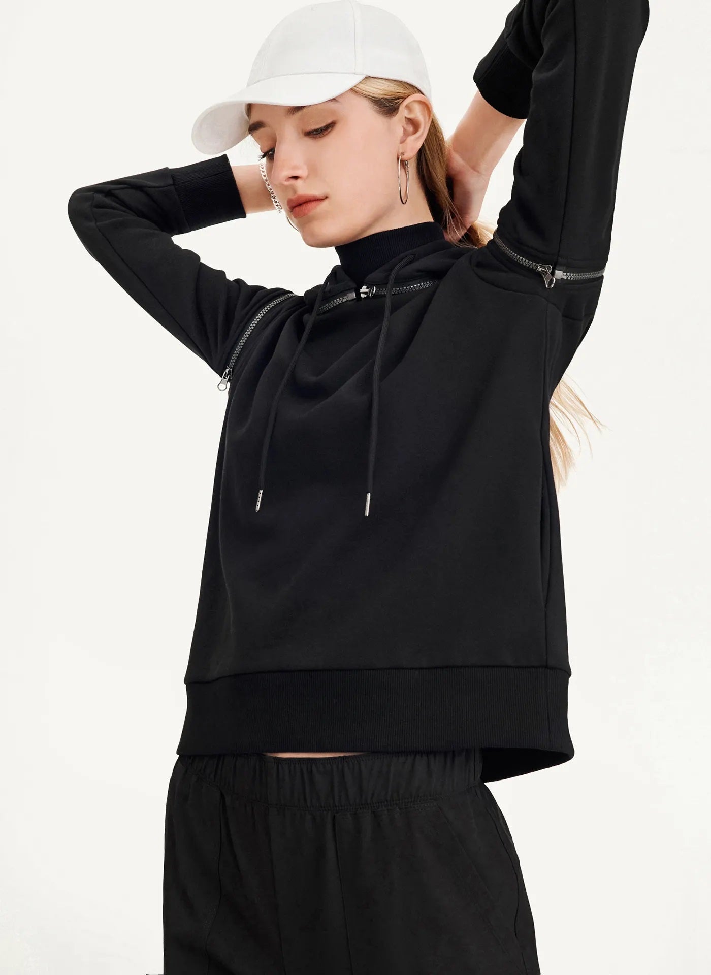 Suéter feminino DKNY com capuz e manga comprida, preto, tamanho médio
