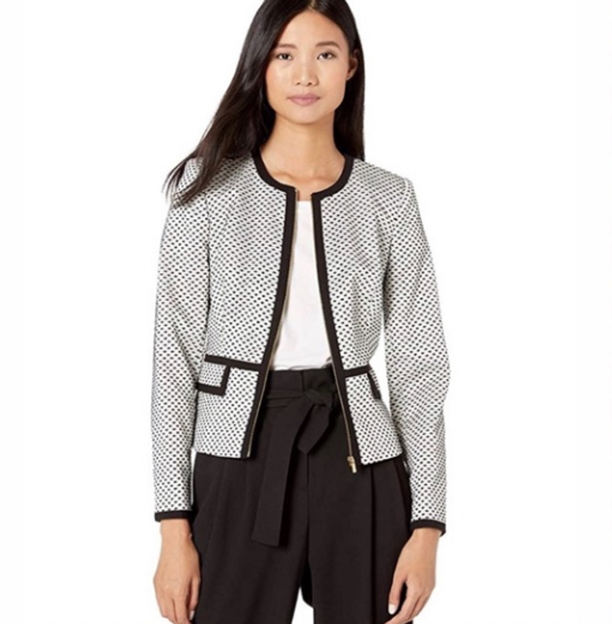 Jaqueta Calvin Klein Feminina com Zíper Frontal e Canelado - Preto Multi Cinza Tamanho 0