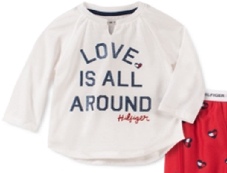 Conjunto de pijama Tommy Hilfiger para bebês, pequenas e grandes, 2 peças, Love Is All Around, branco, tamanho XXS (2-3)