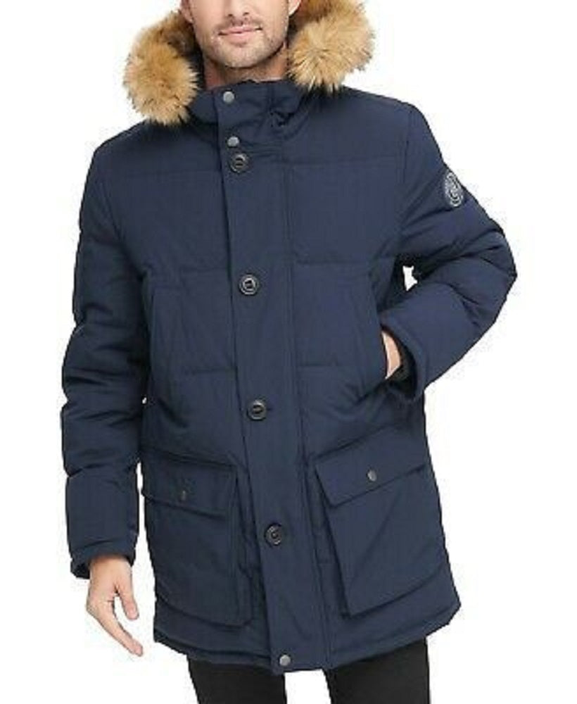 Tommy Hilfiger Parka Longa Masculina com Capuz de Pele Sintética Azul Tamanho Médio