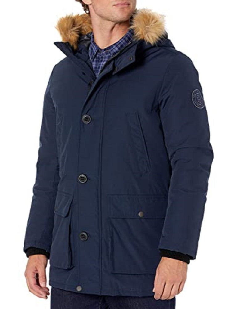 Tommy Hilfiger Parka Longa Masculina com Capuz de Pele Sintética Azul Tamanho Médio
