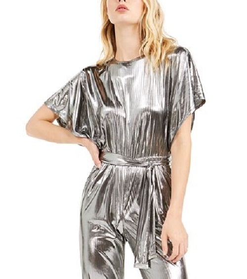 Camiseta feminina Michael Kors com decote redondo e perna reta, macacão de festa, tamanho pequeno, prata