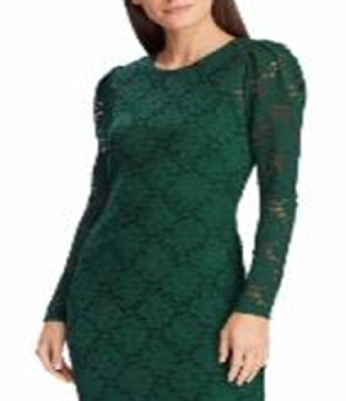 Vestido Ralph Lauren Feminino Bordado Renda Manga Longa Gola Joia Acima do Joelho Bainha Para Usar no Trabalho Verde Tamanho 18