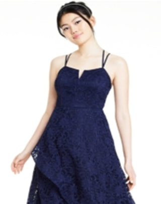 Vestido formal feminino BCX com alças finas e decote em V, comprimento total, estilo flare, azul, tamanho 1