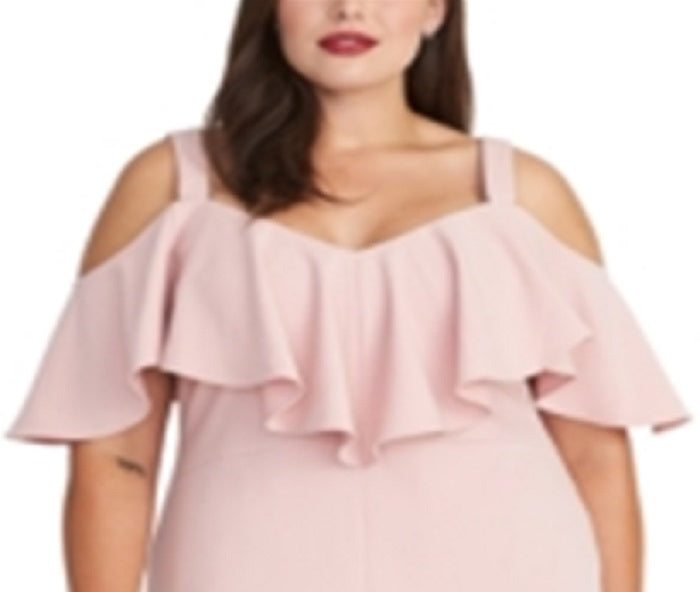 Vestido de coquetel feminino Rachel Roy, ombro de fora, babados, alças finas, decote coração, abaixo do joelho, rosa, tamanho 16W