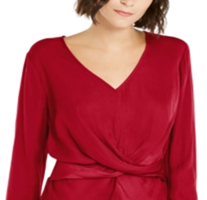 Blusa feminina com decote em V e frente torcida, vermelha, tamanho pequeno, da INC International Concepts