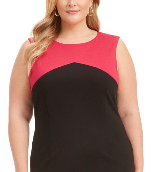 Vestido feminino Kasper com estampa de blocos de cores, sem mangas, gola redonda, comprimento até o joelho, para usar no trabalho, rosa, tamanho 22W