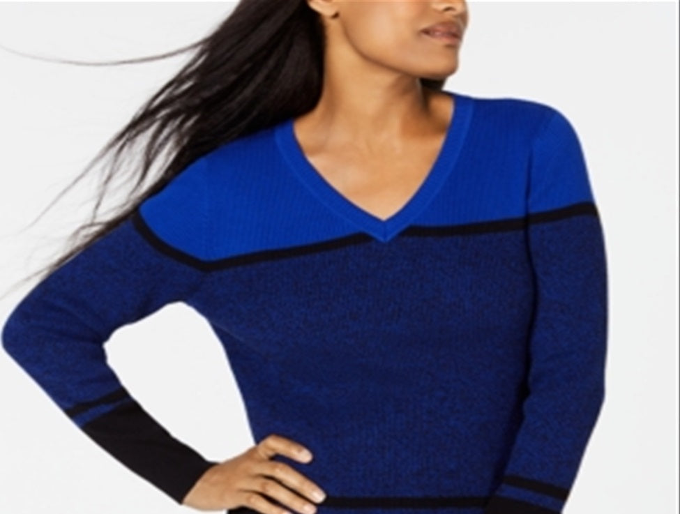 Karen Scott Suéter Feminino Manga Longa Gola V Color Block Azul Tamanho P