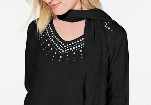 Karen Scott Suéter Feminino Embelezado com Cachecol Preto Tamanho Pequeno XL