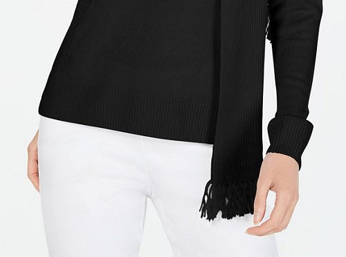 Karen Scott Suéter Feminino Embelezado com Cachecol Preto Tamanho Pequeno XL