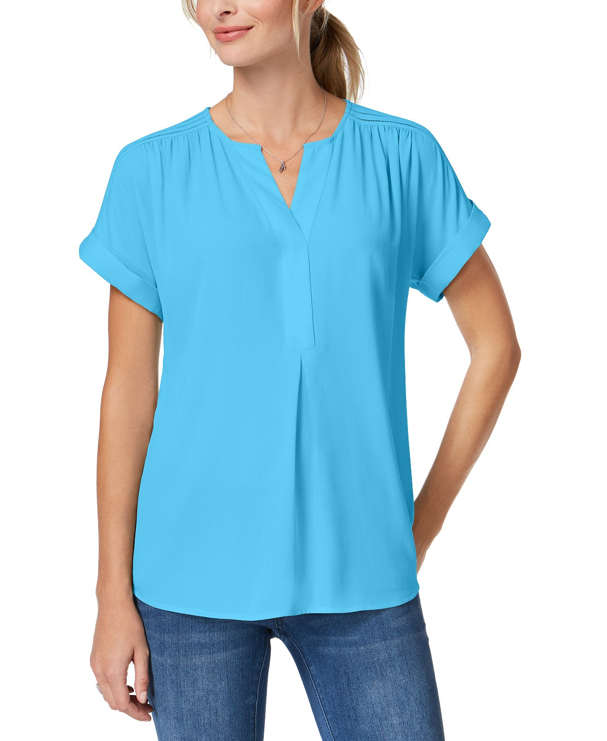 Blusa feminina Charter Club de algodão com decote aberto, turquesa, azul-marinho, tamanho pequeno
