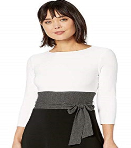 Vestido de festa Ralph Lauren feminino, com cinto, manga 3/4, decote joia, comprimento chá, flare, tamanho 6, branco