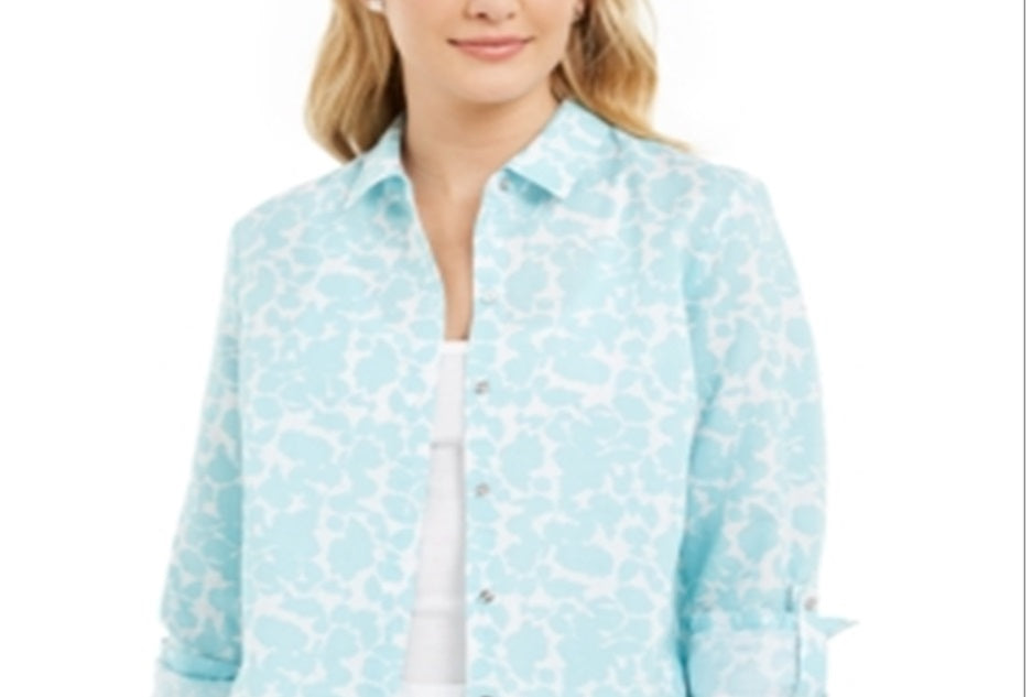 Camisa feminina Charter Club com estampa floral em mistura de linho, azul, tamanho X-S