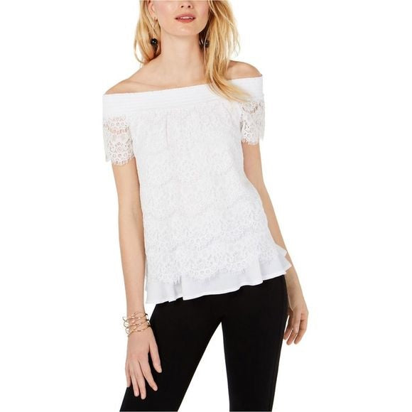 Blusa feminina transparente de renda INC International Concepts, branca, tamanho grande
