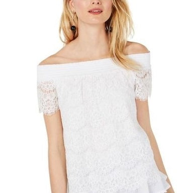 Blusa feminina transparente de renda INC International Concepts, branca, tamanho grande