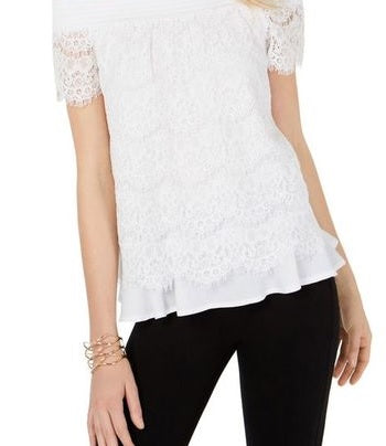 Blusa feminina transparente de renda INC International Concepts, branca, tamanho grande