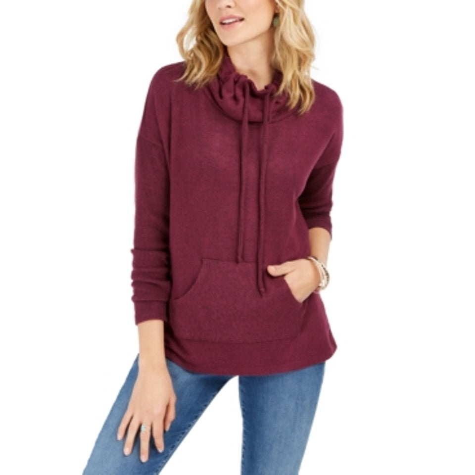 Blusa feminina estilo &amp; co com cordão e gola alta em veludo vermelho P