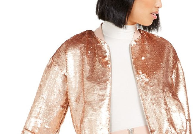 Jaqueta bomber feminina Bar III com lantejoulas e ouro rosa, tamanho G