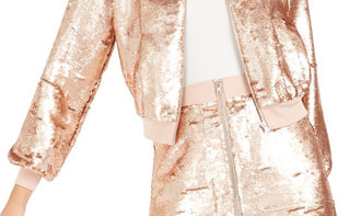 Jaqueta bomber feminina Bar III com lantejoulas e ouro rosa, tamanho G