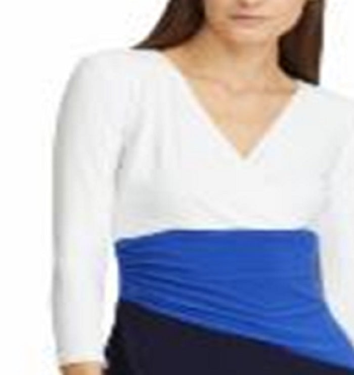 Vestido Ralph Lauren Feminino com Bloco de Cores, Manga Curta, Gola Joia, Acima do Joelho, Azul, Tamanho 0
