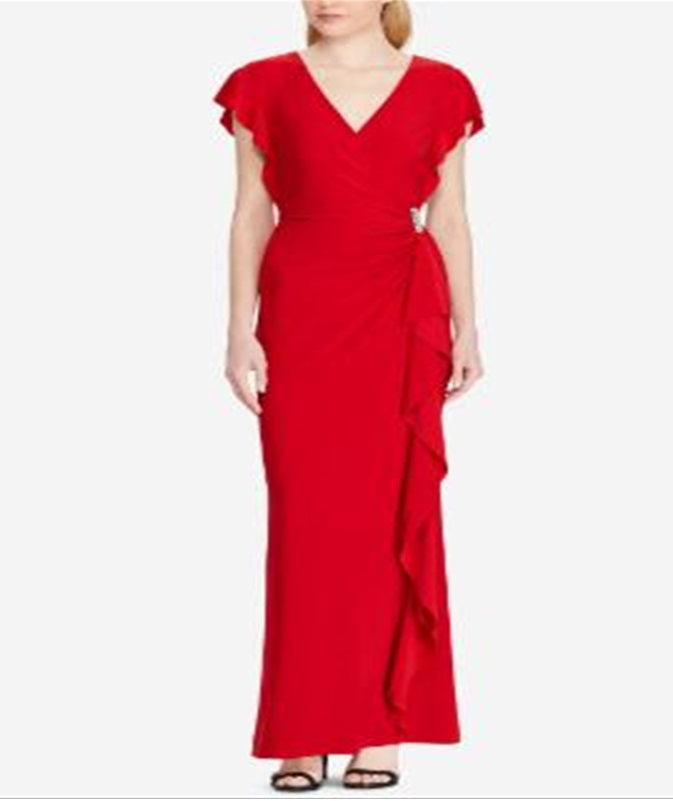 Vestido longo de malha com babados Ralph Lauren feminino, vermelho, tamanho 12