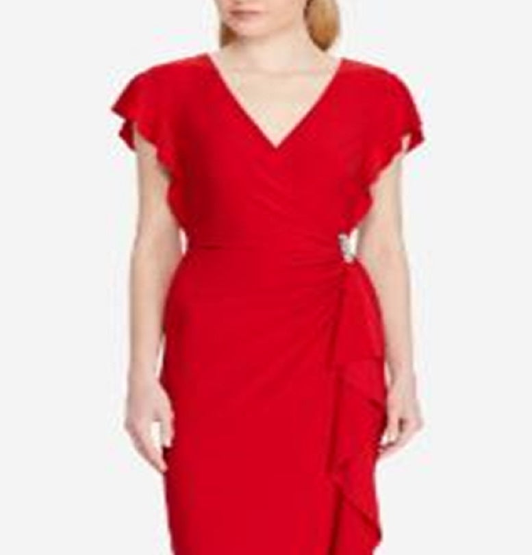 Vestido longo de malha com babados Ralph Lauren feminino, vermelho, tamanho 12