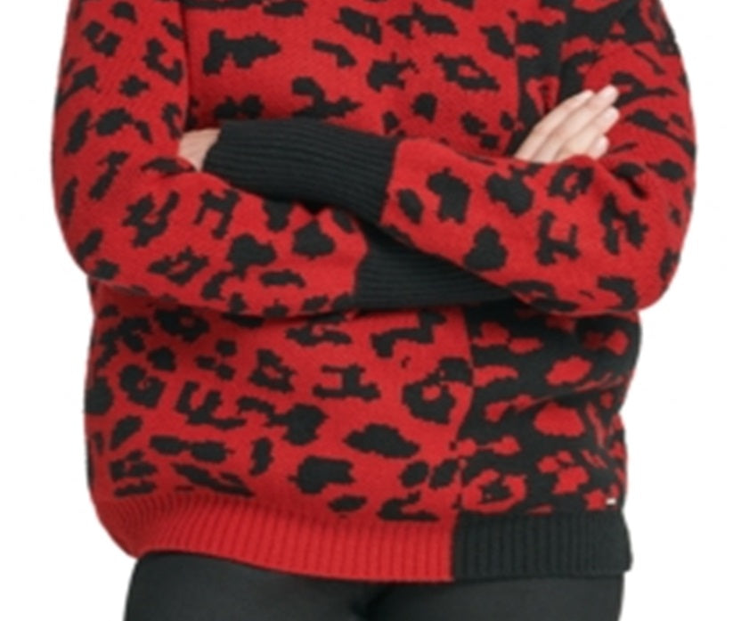 Suéter feminino DKNY com estampa de leopardo e blocos de cores, vermelho, tamanho GG